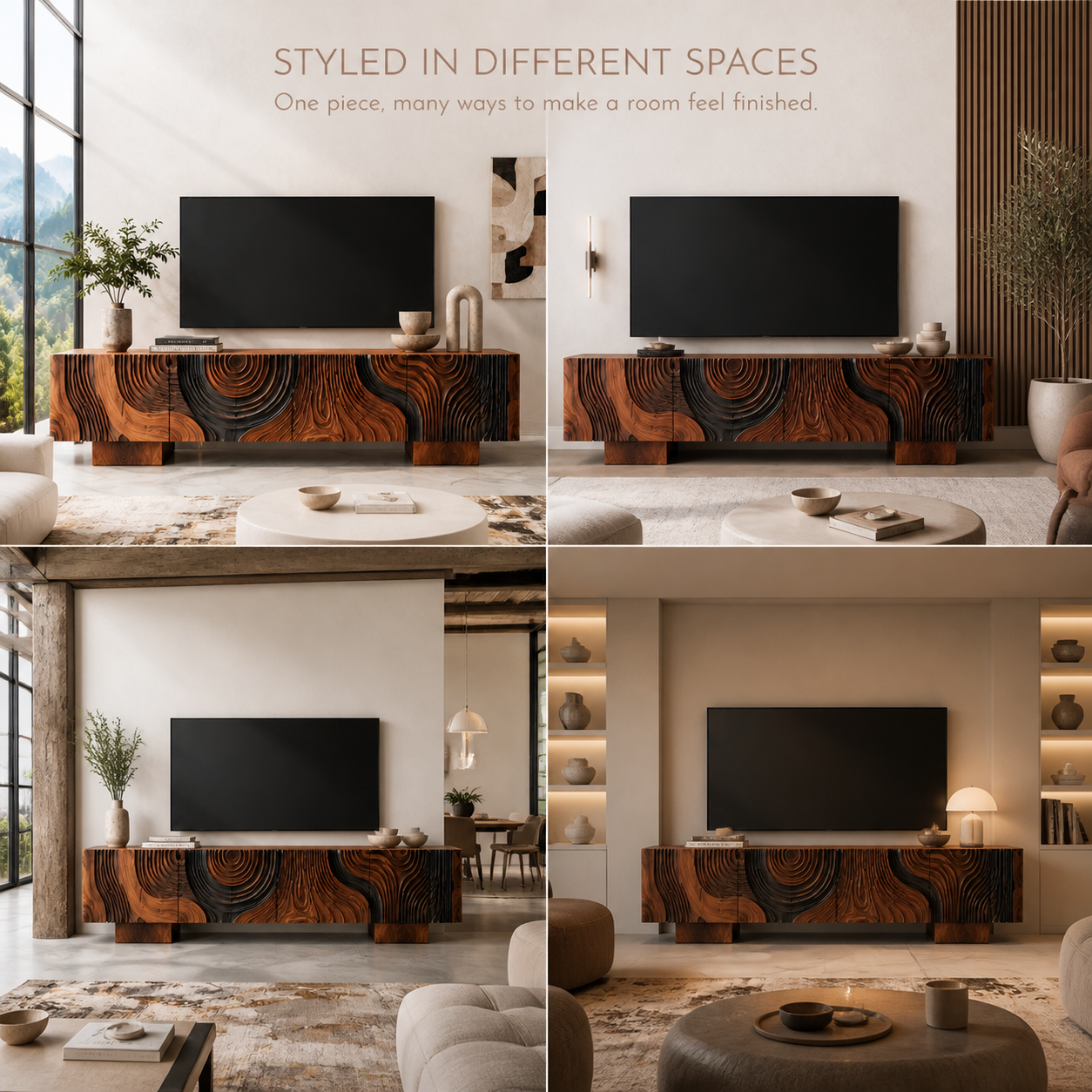 Orla Sculptural Solid Wood TV Stand - Design 044 - TV stand detail and styling view 09