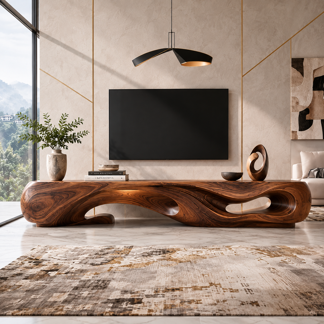 Sabine Sculptural Solid Wood TV Stand - Design 045 - premium solid wood TV stand main lifestyle view
