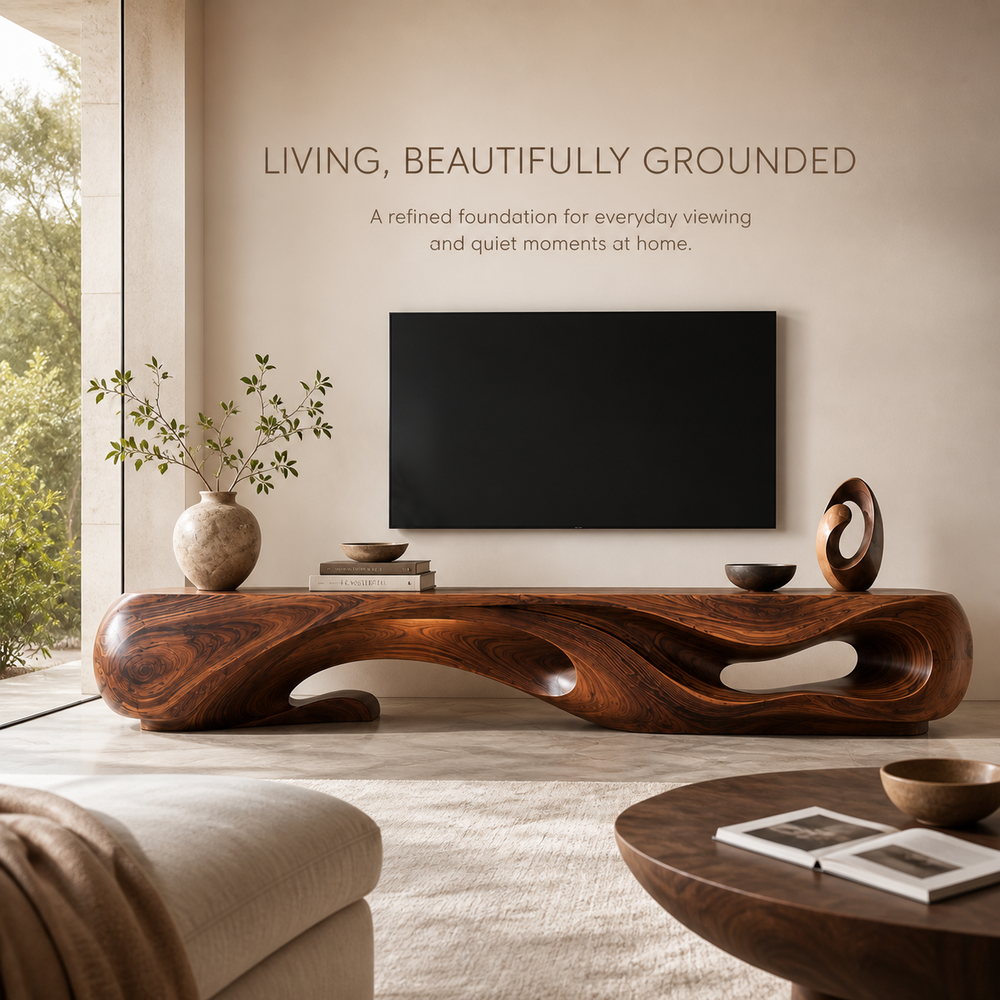 Sabine Sculptural Solid Wood TV Stand - Design 045 - TV stand detail and styling view 01