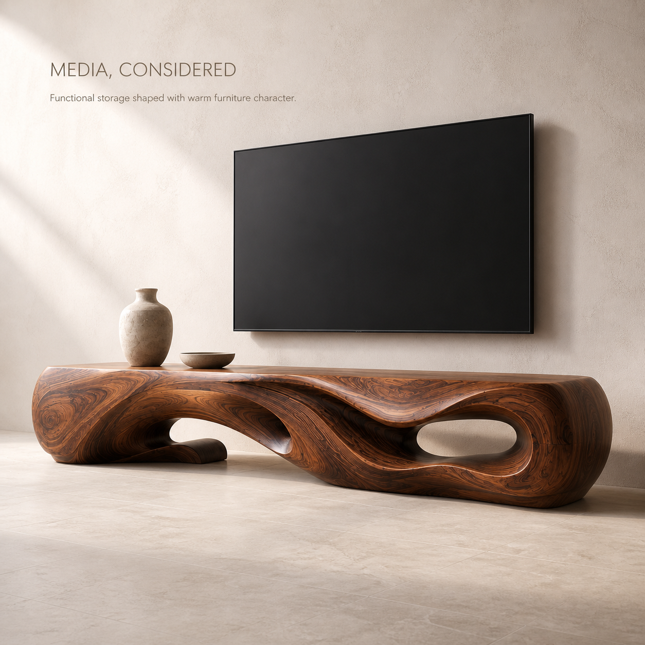 Sabine Sculptural Solid Wood TV Stand - Design 045 - TV stand detail and styling view 02