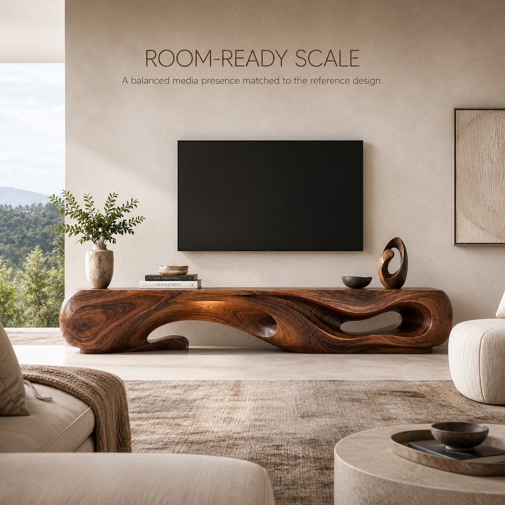 Sabine Sculptural Solid Wood TV Stand - Design 045 - TV stand detail and styling view 03