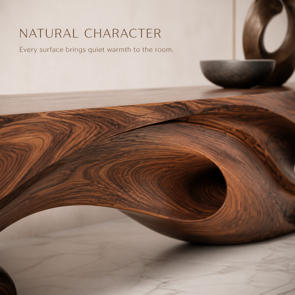 Sabine Sculptural Solid Wood TV Stand - Design 045 - TV stand detail and styling view 04