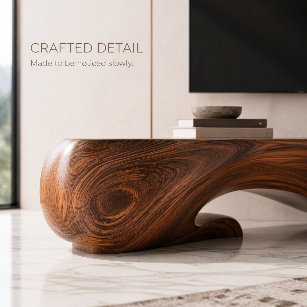 Sabine Sculptural Solid Wood TV Stand - Design 045 - TV stand detail and styling view 05