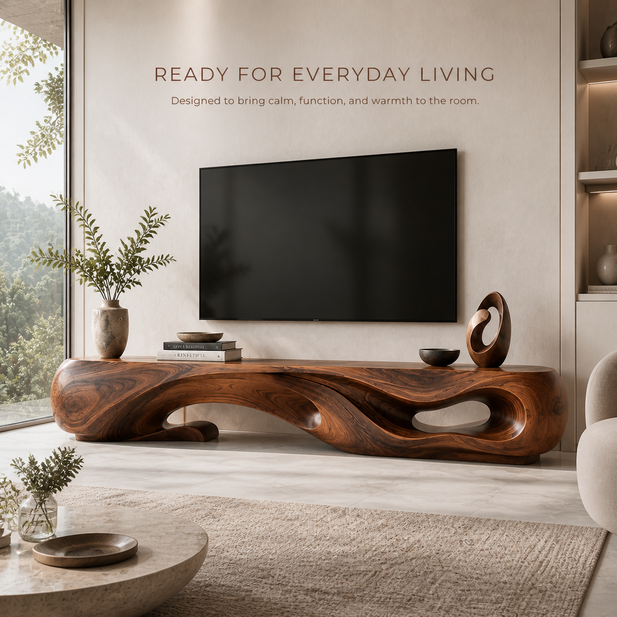 Sabine Sculptural Solid Wood TV Stand - Design 045 - TV stand detail and styling view 06