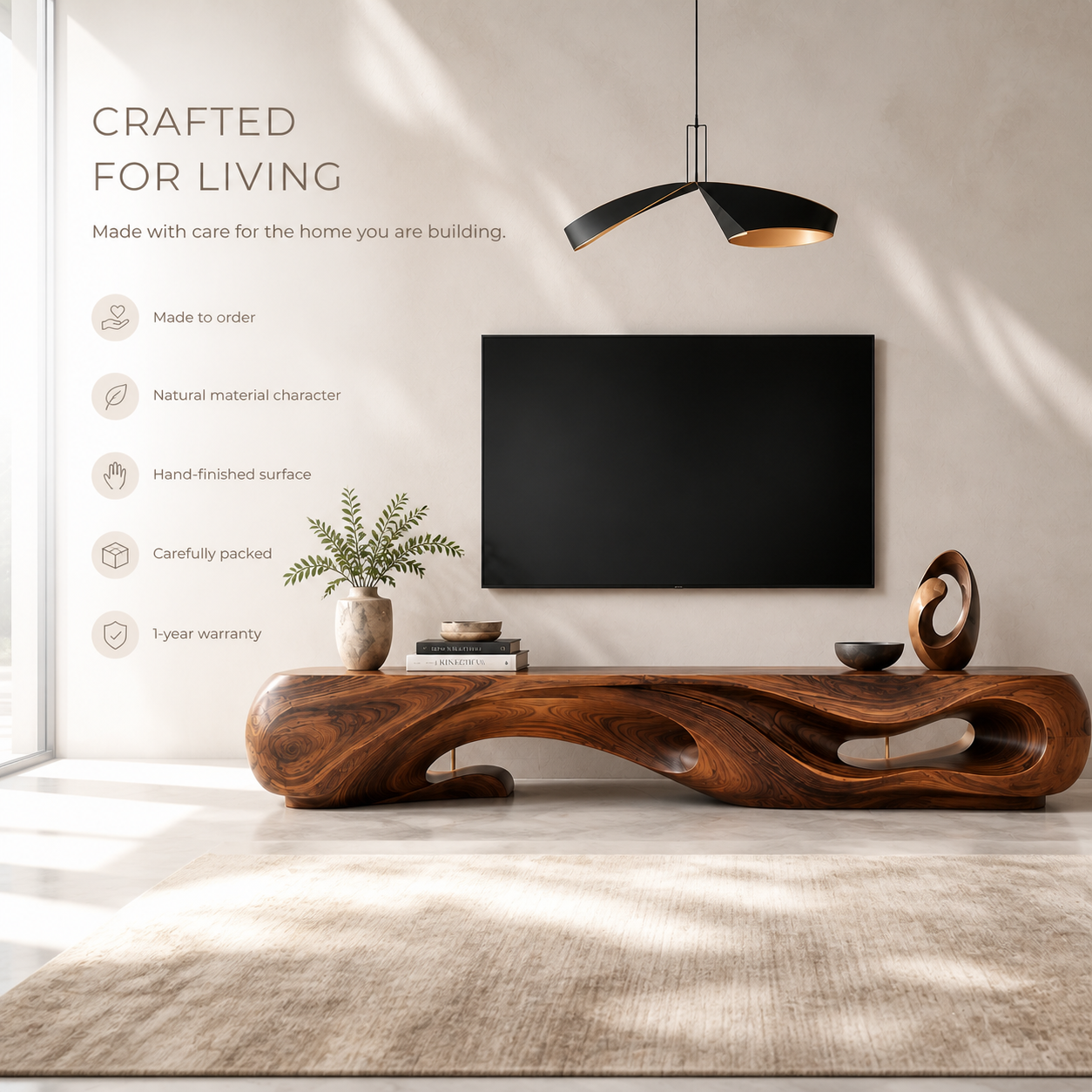 Sabine Sculptural Solid Wood TV Stand - Design 045 - TV stand detail and styling view 08