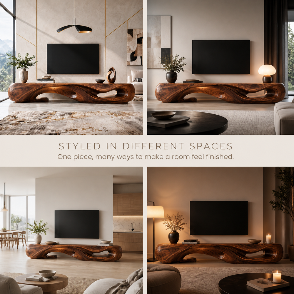 Sabine Sculptural Solid Wood TV Stand - Design 045 - TV stand detail and styling view 09