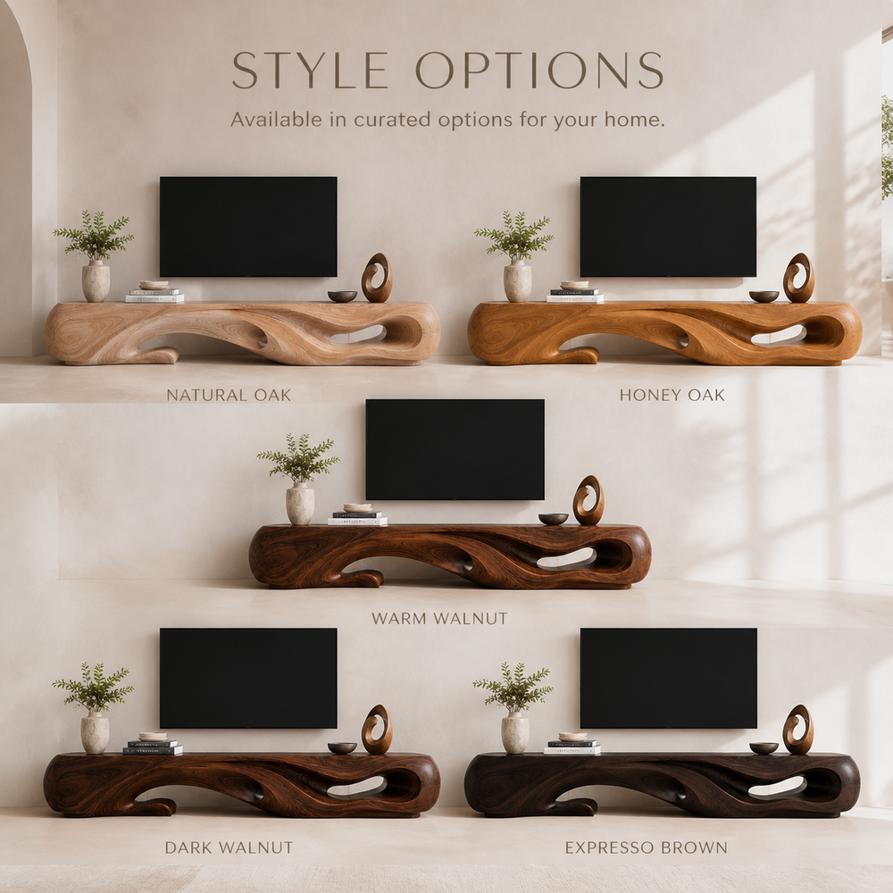 Sabine Sculptural Solid Wood TV Stand - Design 045 - TV stand detail and styling view 10