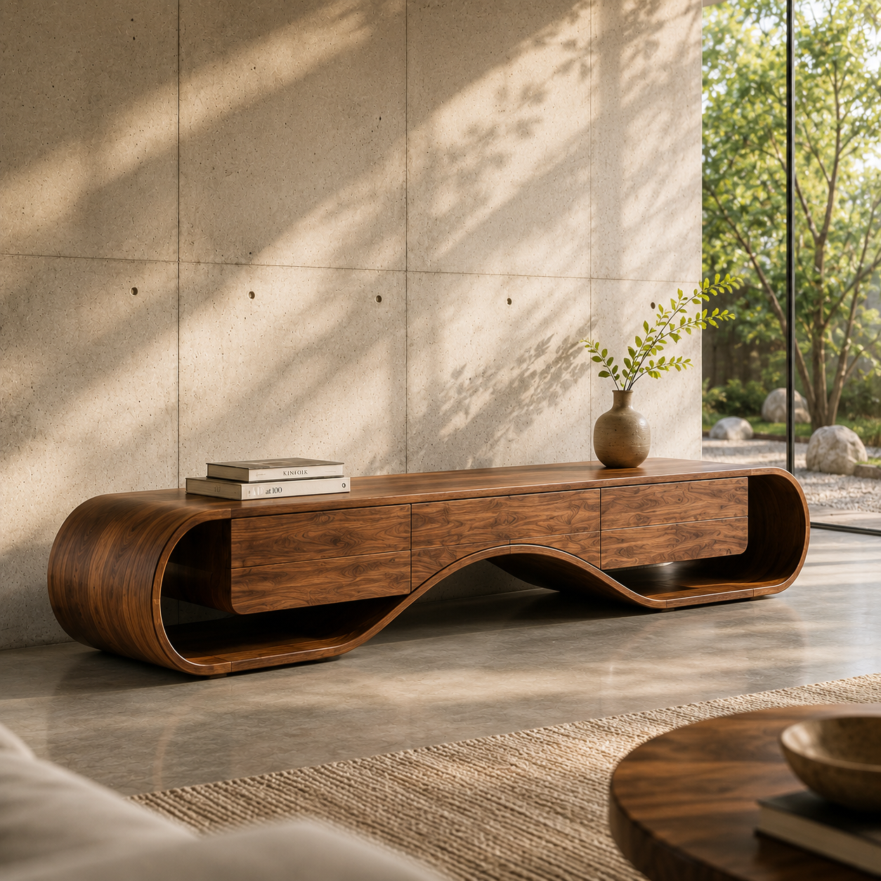 Kieran Sculptural Solid Wood TV Stand - Design 046 - premium solid wood TV stand main lifestyle view
