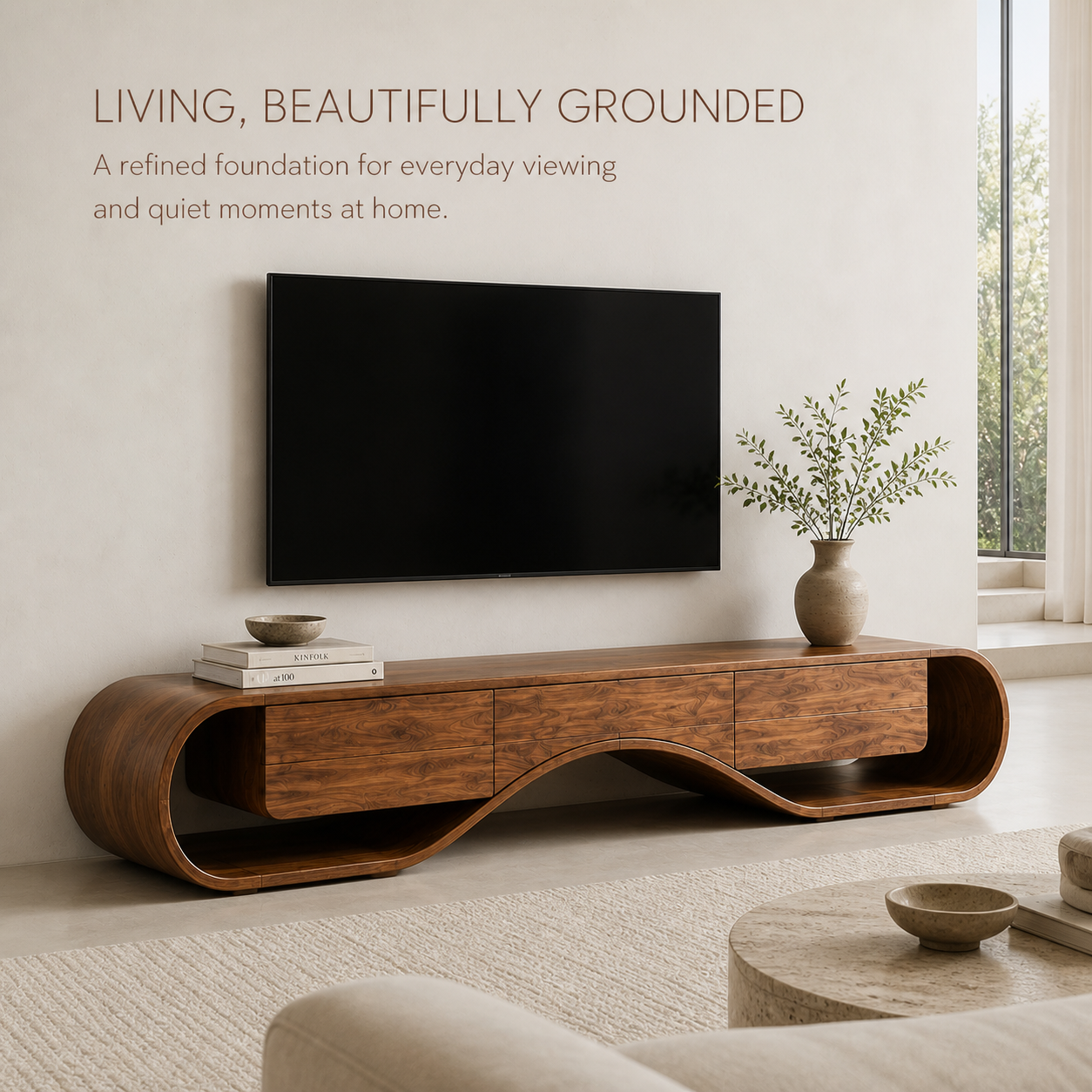 Kieran Sculptural Solid Wood TV Stand - Design 046 - TV stand detail and styling view 01