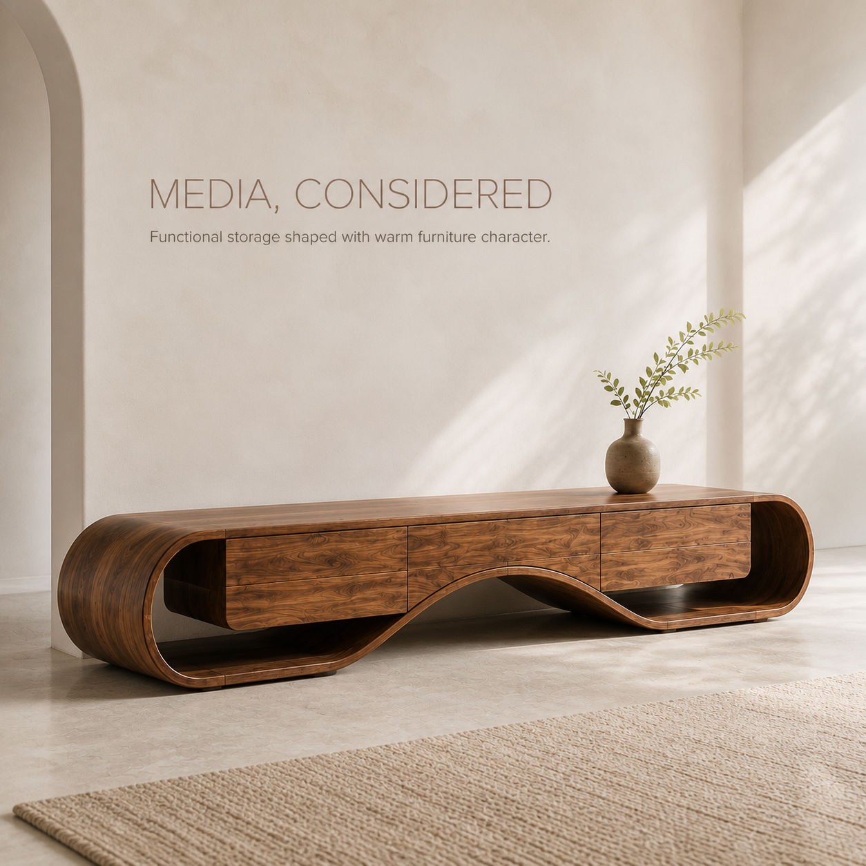 Kieran Sculptural Solid Wood TV Stand - Design 046 - TV stand detail and styling view 02