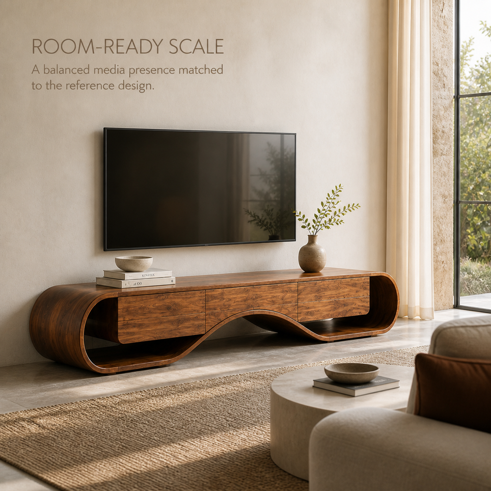 Kieran Sculptural Solid Wood TV Stand - Design 046 - TV stand detail and styling view 03