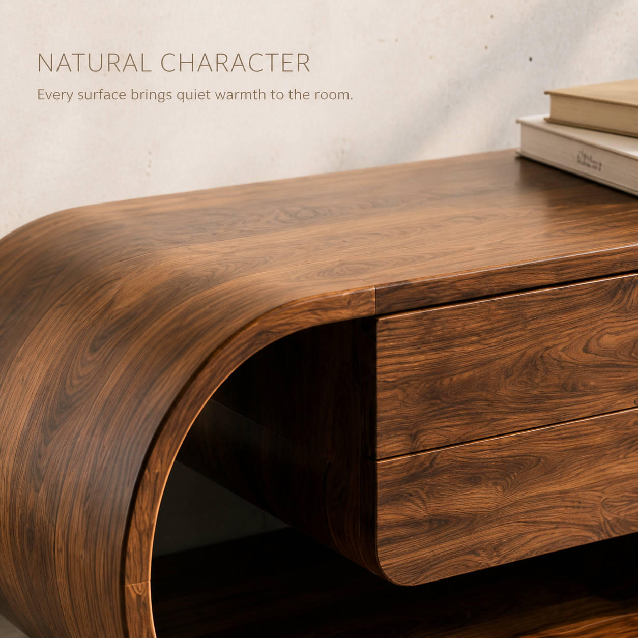 Kieran Sculptural Solid Wood TV Stand - Design 046 - TV stand detail and styling view 04