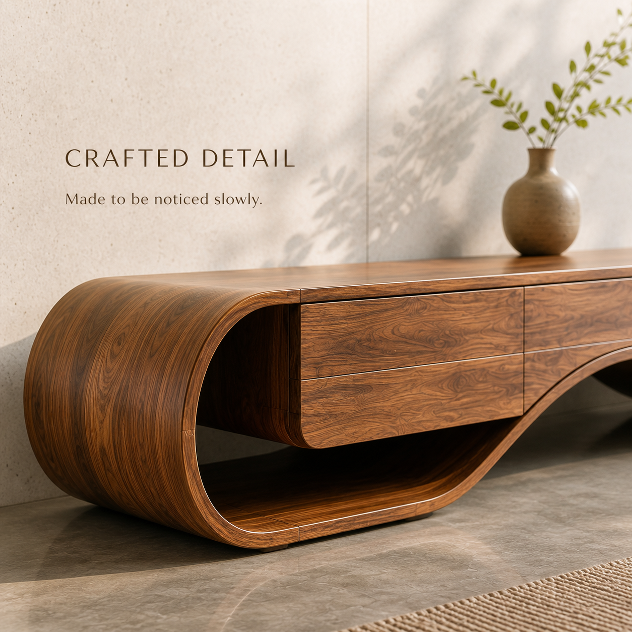 Kieran Sculptural Solid Wood TV Stand - Design 046 - TV stand detail and styling view 05