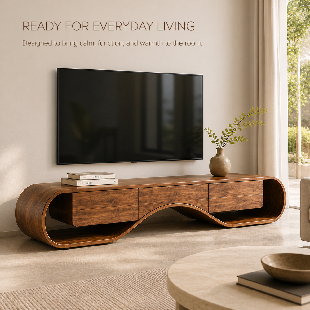 Kieran Sculptural Solid Wood TV Stand - Design 046 - TV stand detail and styling view 06