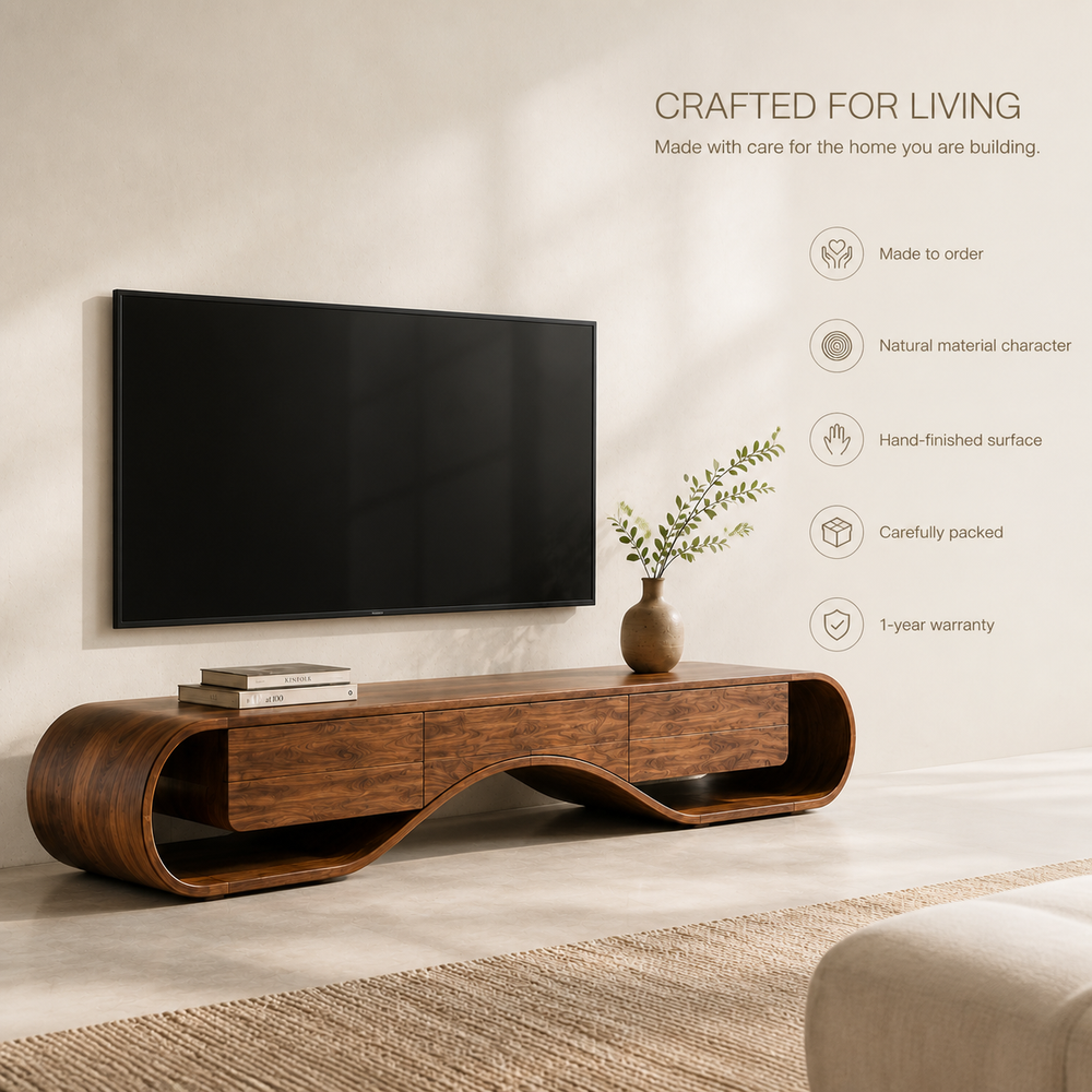 Kieran Sculptural Solid Wood TV Stand - Design 046 - TV stand detail and styling view 08
