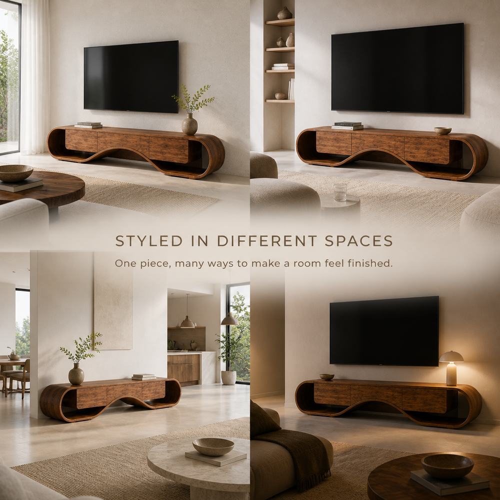 Kieran Sculptural Solid Wood TV Stand - Design 046 - TV stand detail and styling view 09