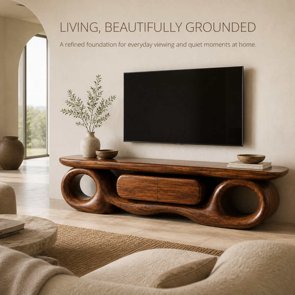 Ansel Sculptural Solid Wood TV Stand - Design 047 - TV stand detail and styling view 01