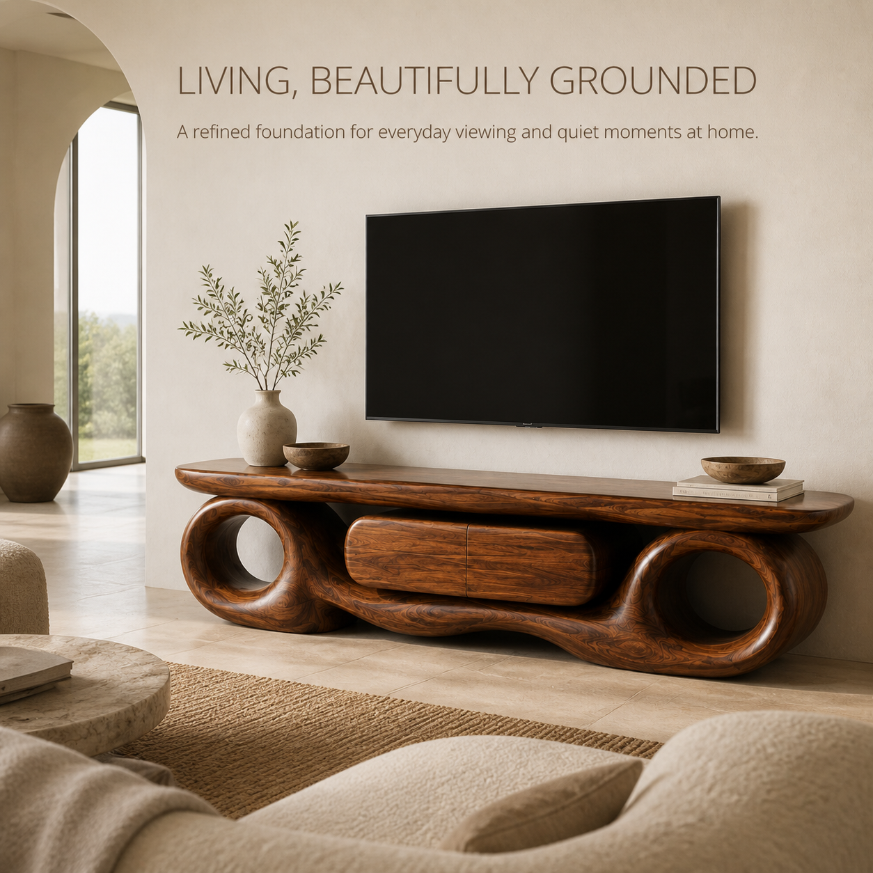 Ansel Sculptural Solid Wood TV Stand - Design 047 - TV stand detail and styling view 01