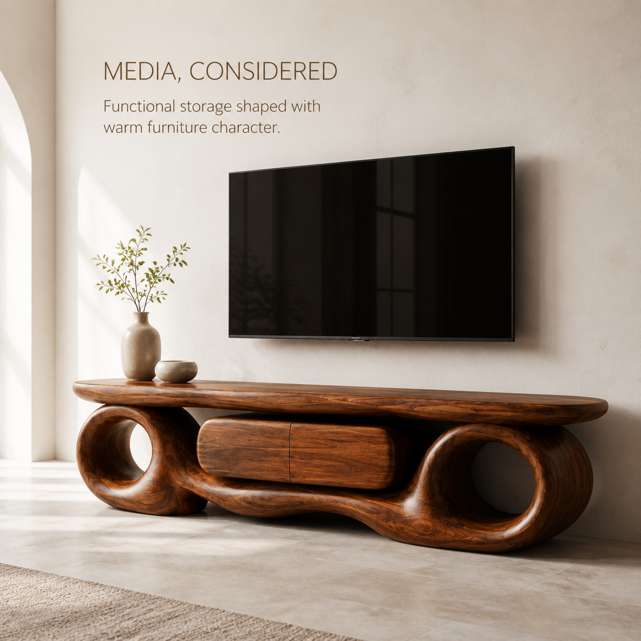 Ansel Sculptural Solid Wood TV Stand - Design 047 - TV stand detail and styling view 02