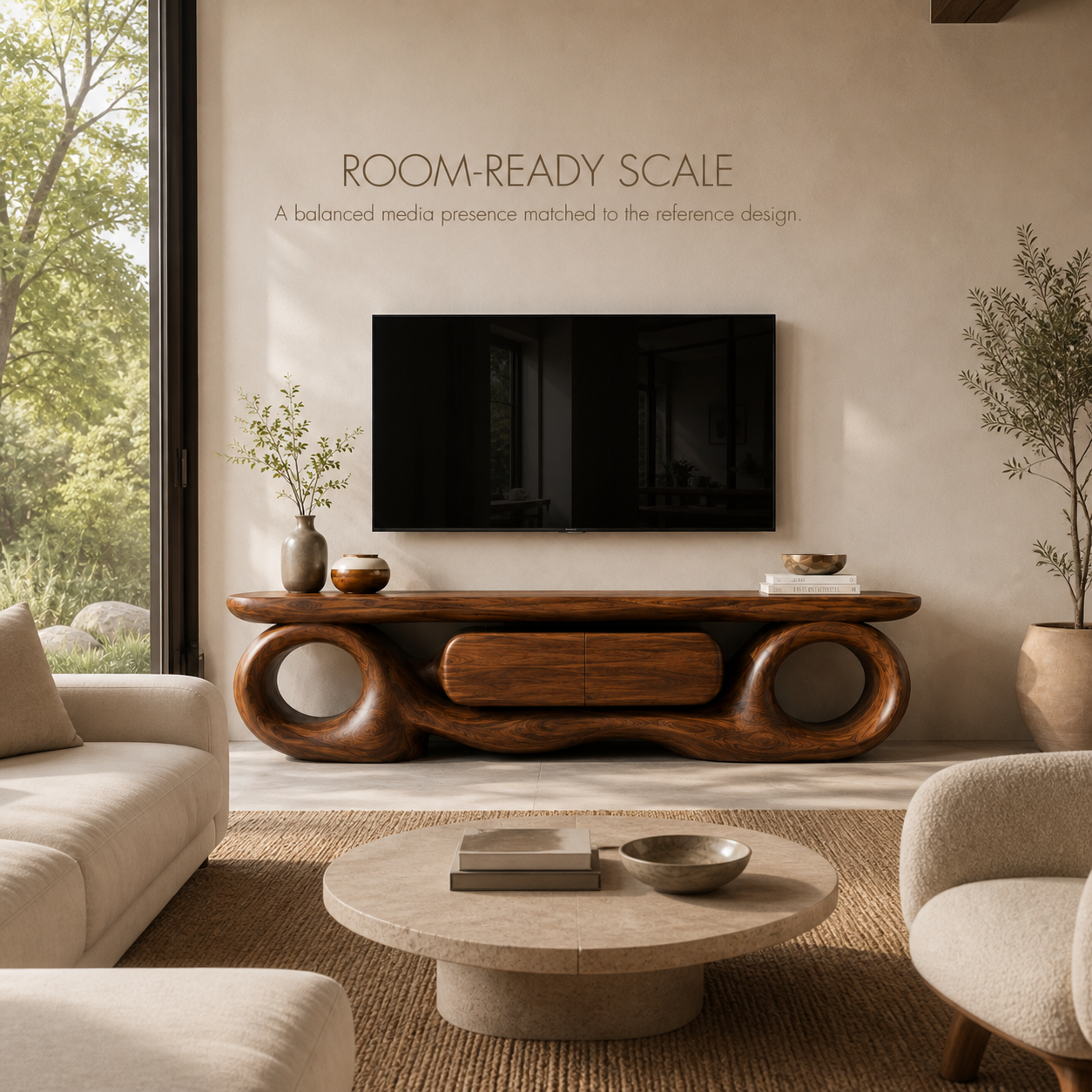 Ansel Sculptural Solid Wood TV Stand - Design 047 - TV stand detail and styling view 03