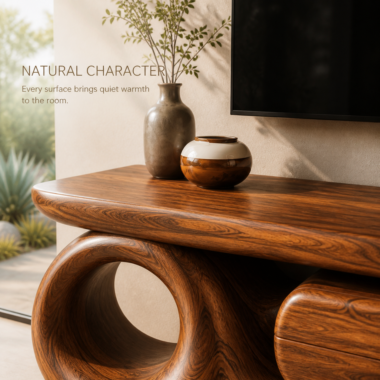 Ansel Sculptural Solid Wood TV Stand - Design 047 - TV stand detail and styling view 04