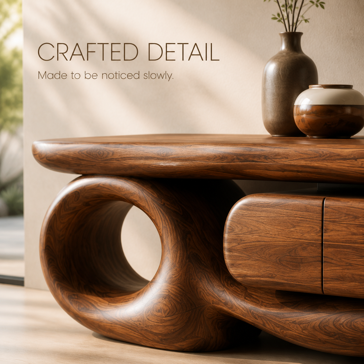 Ansel Sculptural Solid Wood TV Stand - Design 047 - TV stand detail and styling view 05
