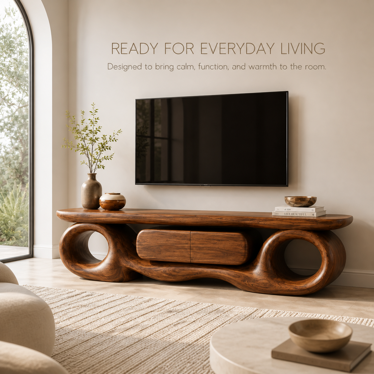 Ansel Sculptural Solid Wood TV Stand - Design 047 - TV stand detail and styling view 06