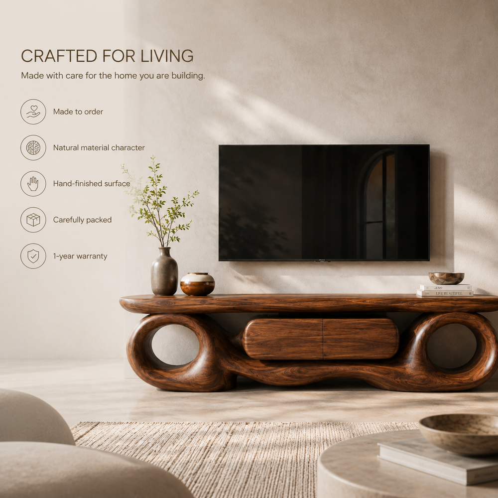 Ansel Sculptural Solid Wood TV Stand - Design 047 - TV stand detail and styling view 08