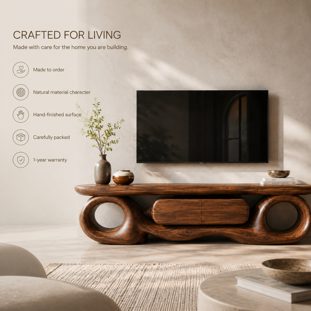 Ansel Sculptural Solid Wood TV Stand - Design 047 - TV stand detail and styling view 08