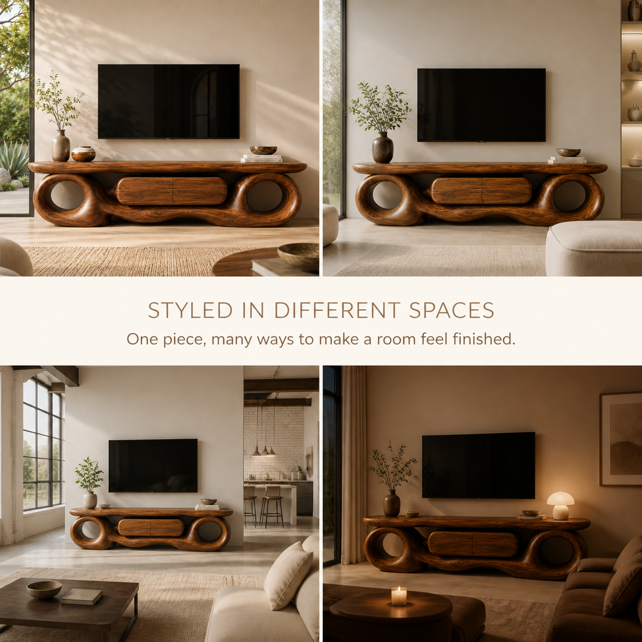 Ansel Sculptural Solid Wood TV Stand - Design 047 - TV stand detail and styling view 09
