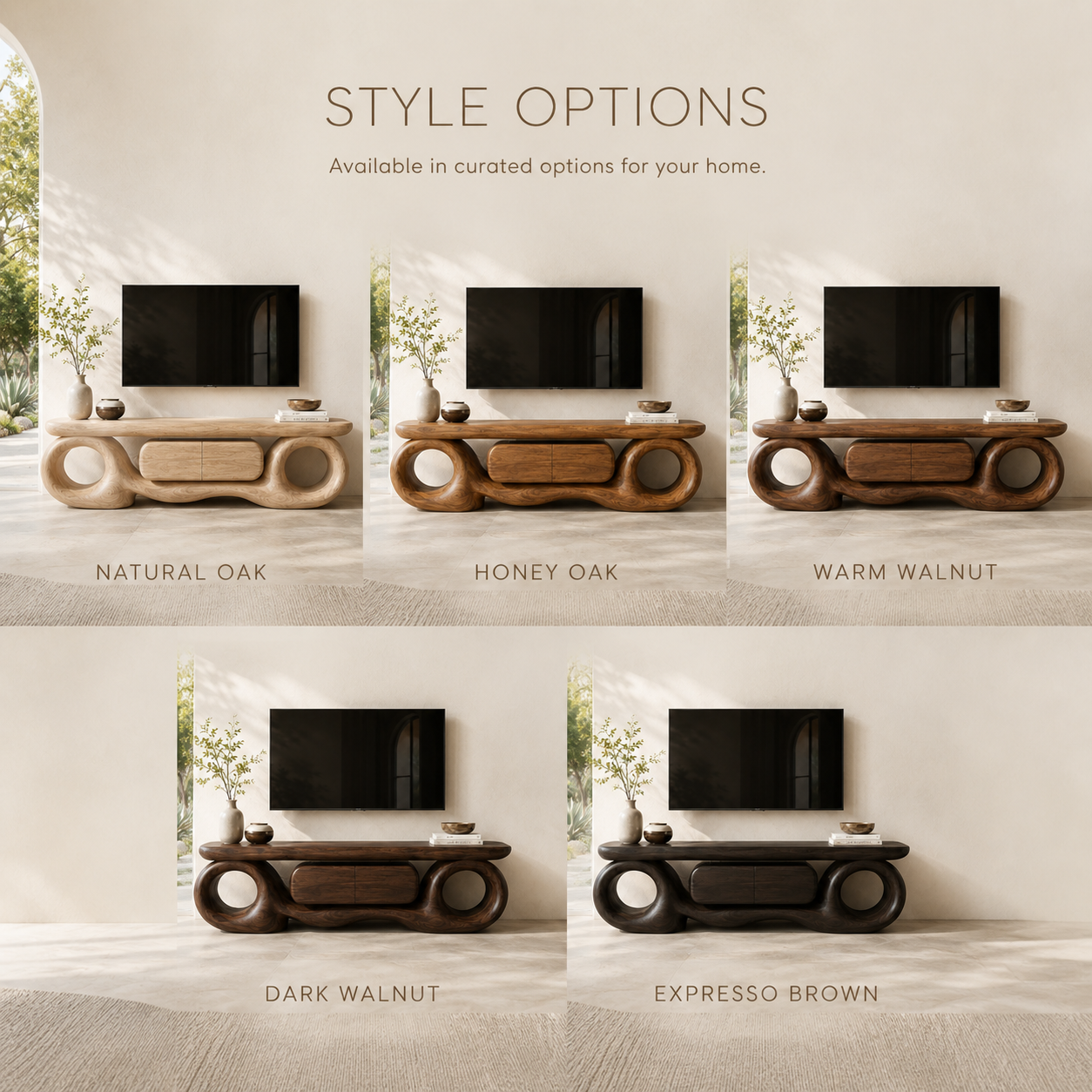 Ansel Sculptural Solid Wood TV Stand - Design 047 - TV stand detail and styling view 10