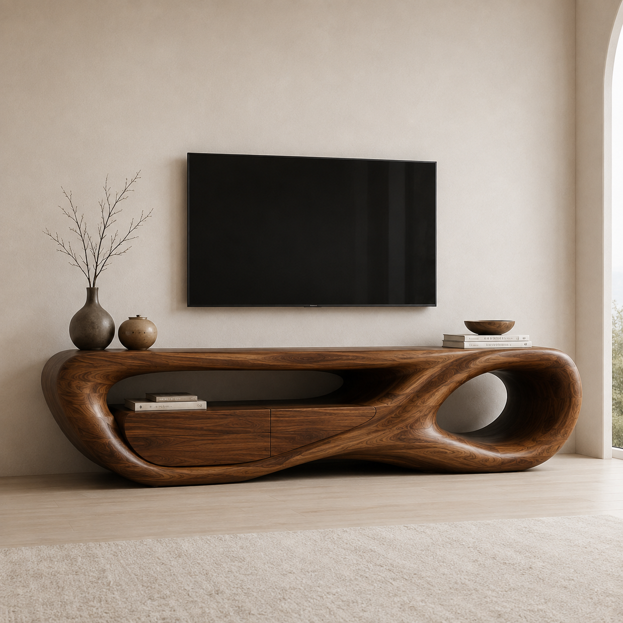 Marlowe Sculptural Solid Wood TV Stand - Design 048 - premium solid wood TV stand main lifestyle view