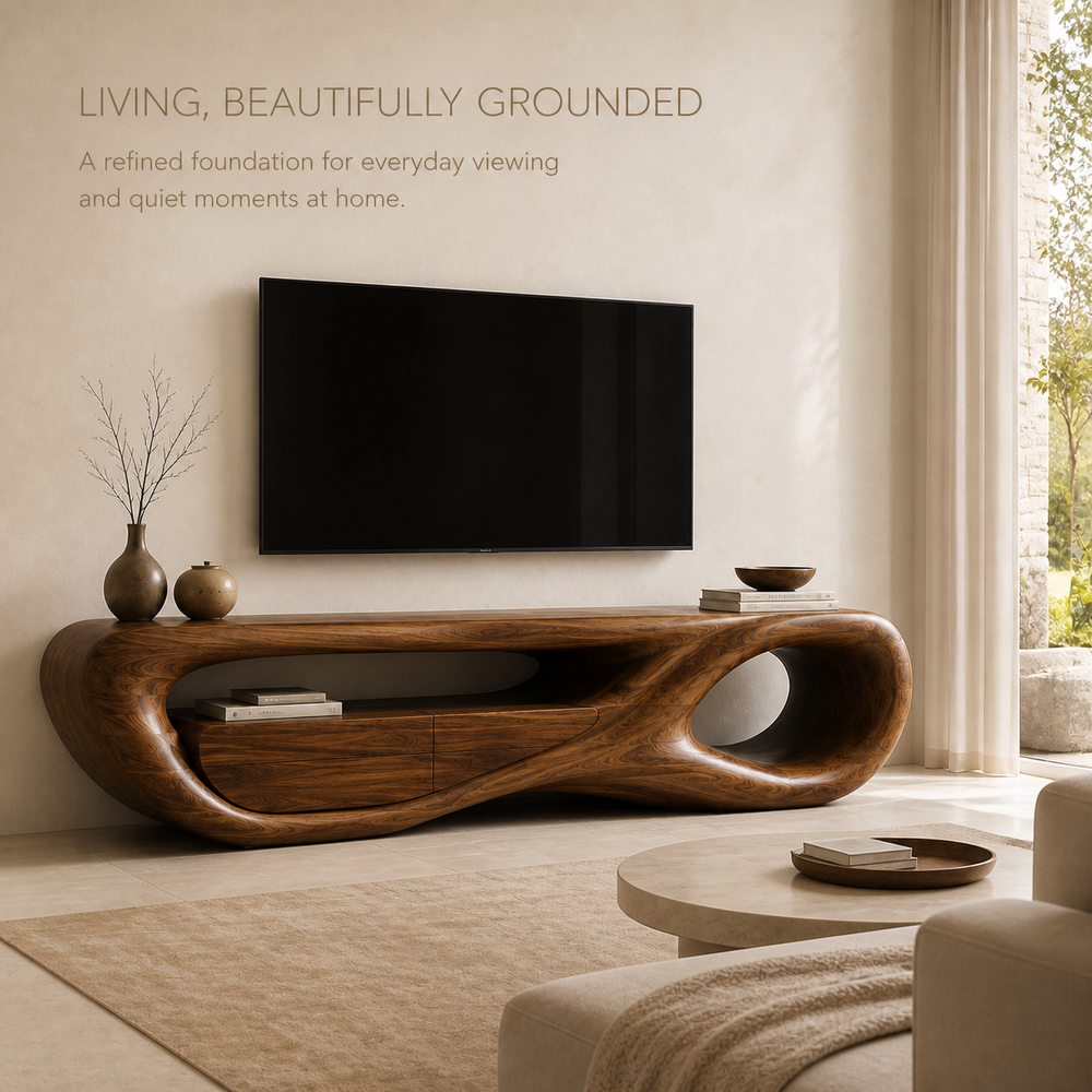 Marlowe Sculptural Solid Wood TV Stand - Design 048 - TV stand detail and styling view 01