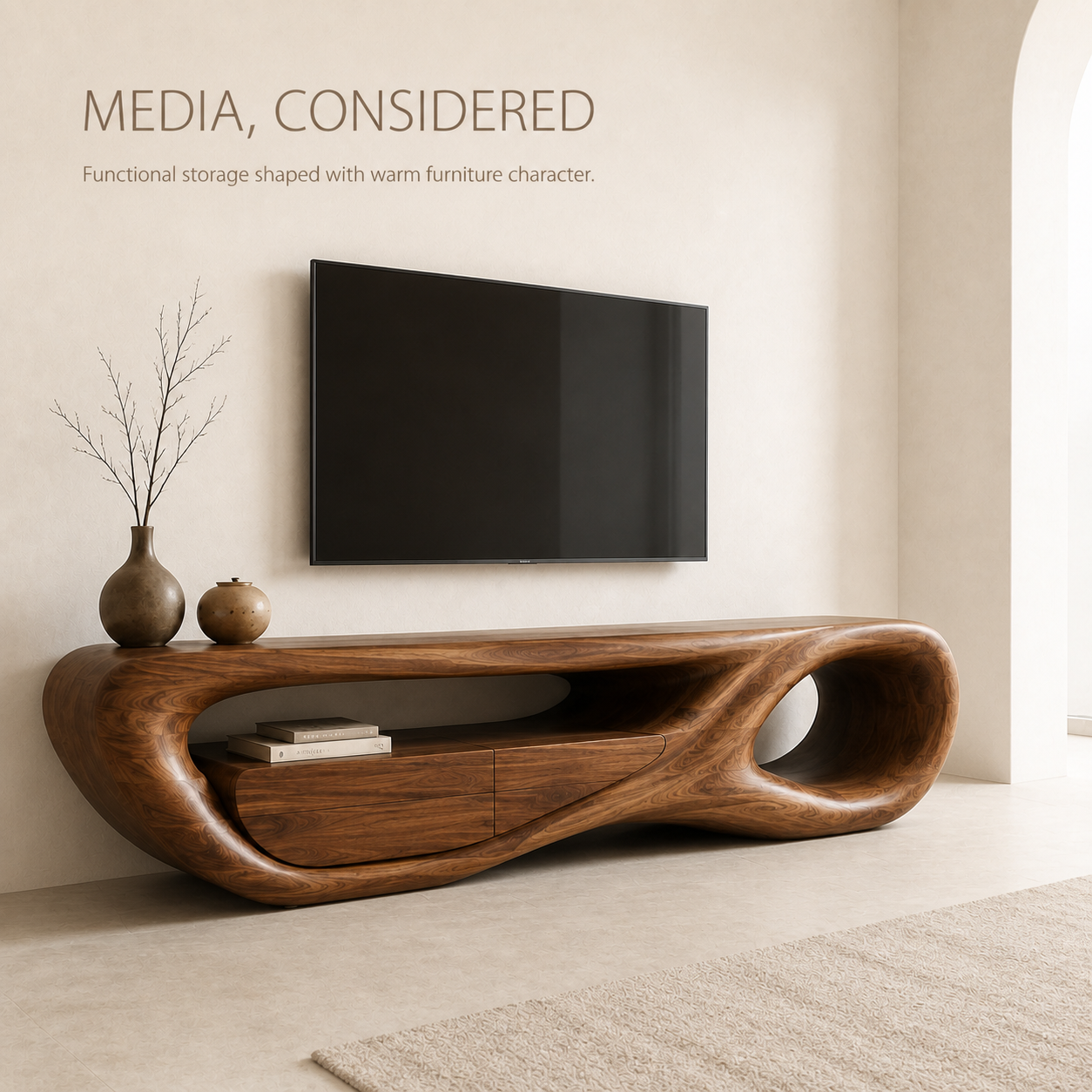 Marlowe Sculptural Solid Wood TV Stand - Design 048 - TV stand detail and styling view 02