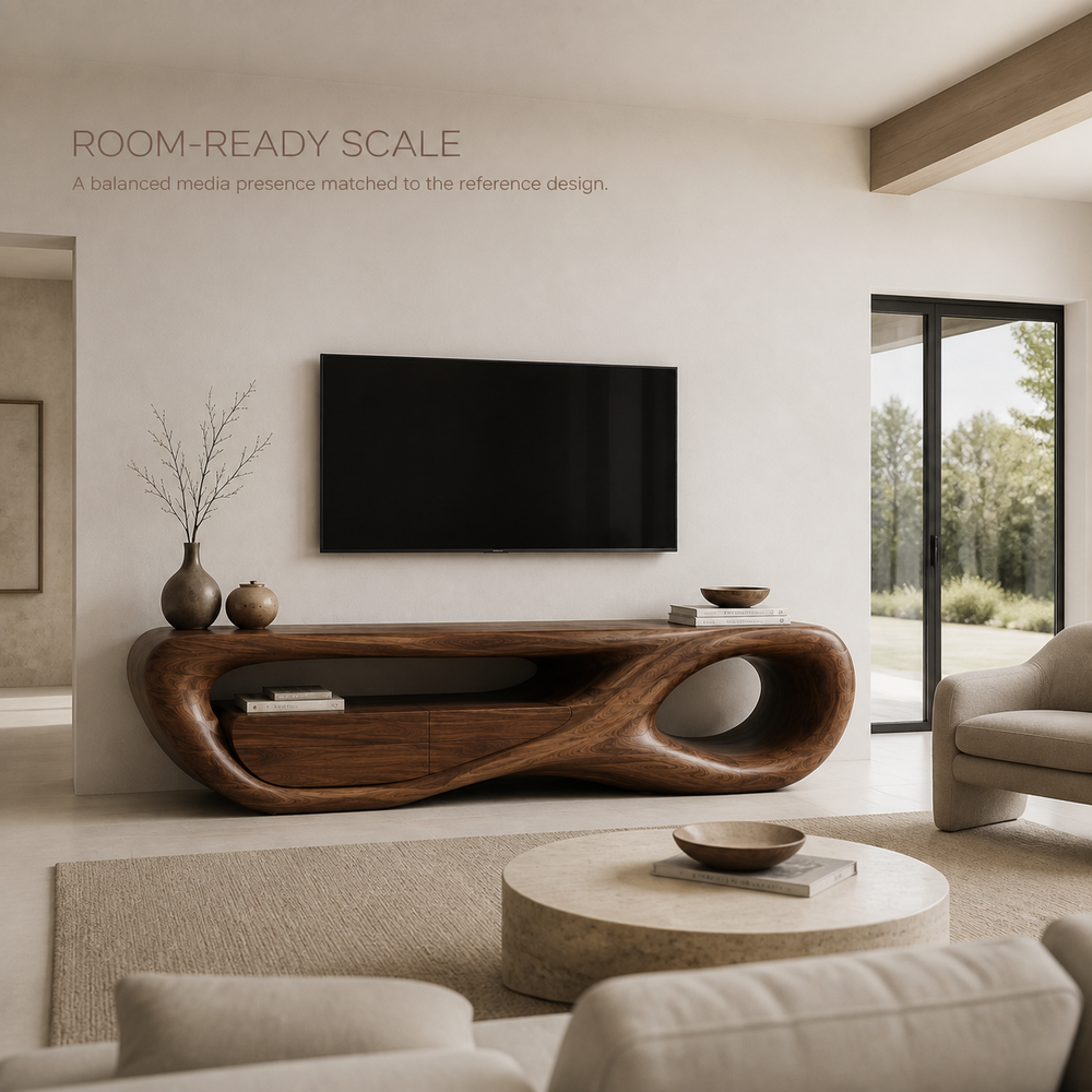 Marlowe Sculptural Solid Wood TV Stand - Design 048 - TV stand detail and styling view 03