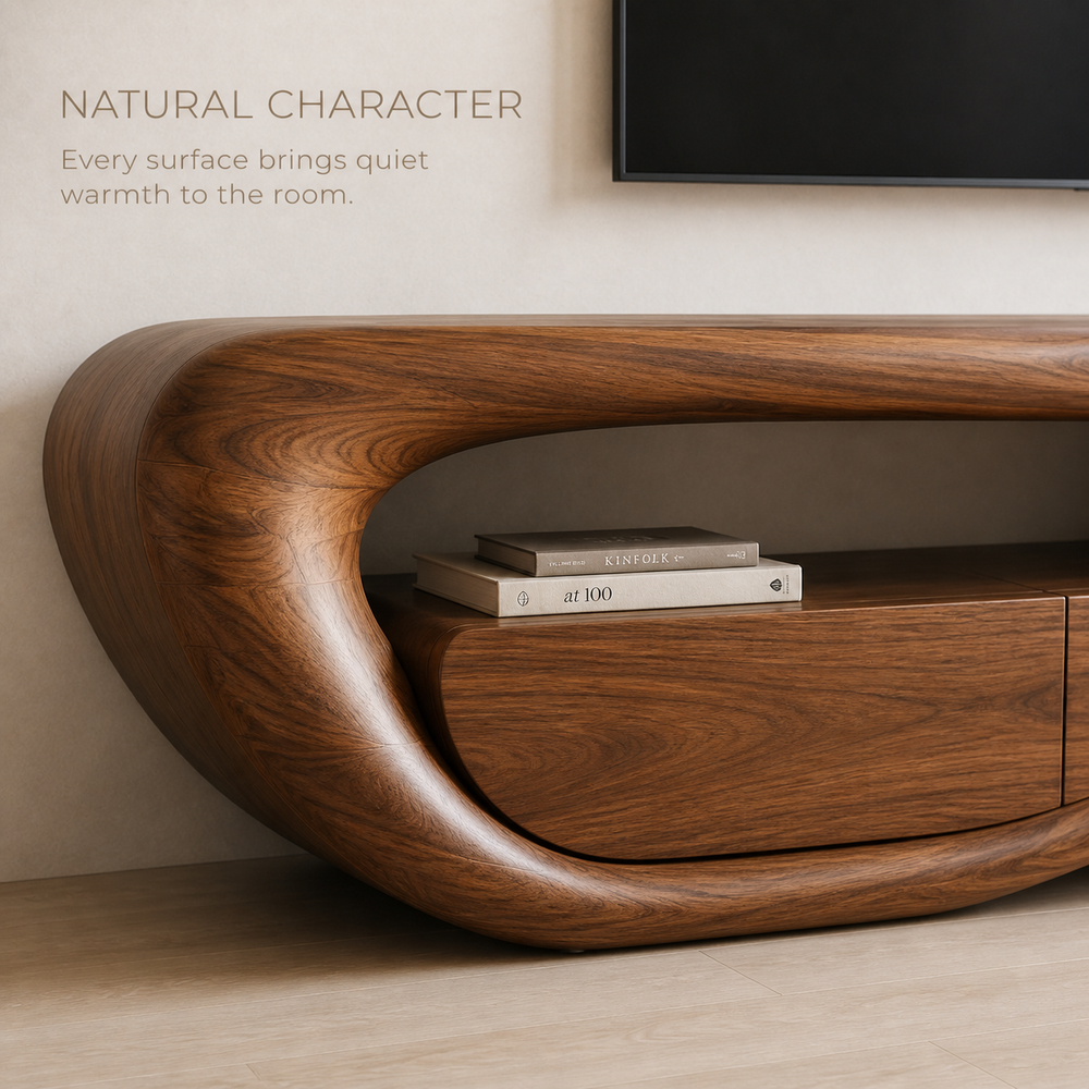 Marlowe Sculptural Solid Wood TV Stand - Design 048 - TV stand detail and styling view 04