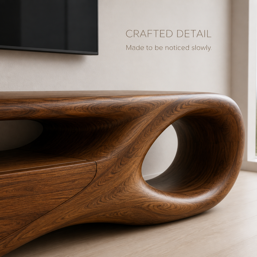 Marlowe Sculptural Solid Wood TV Stand - Design 048 - TV stand detail and styling view 05