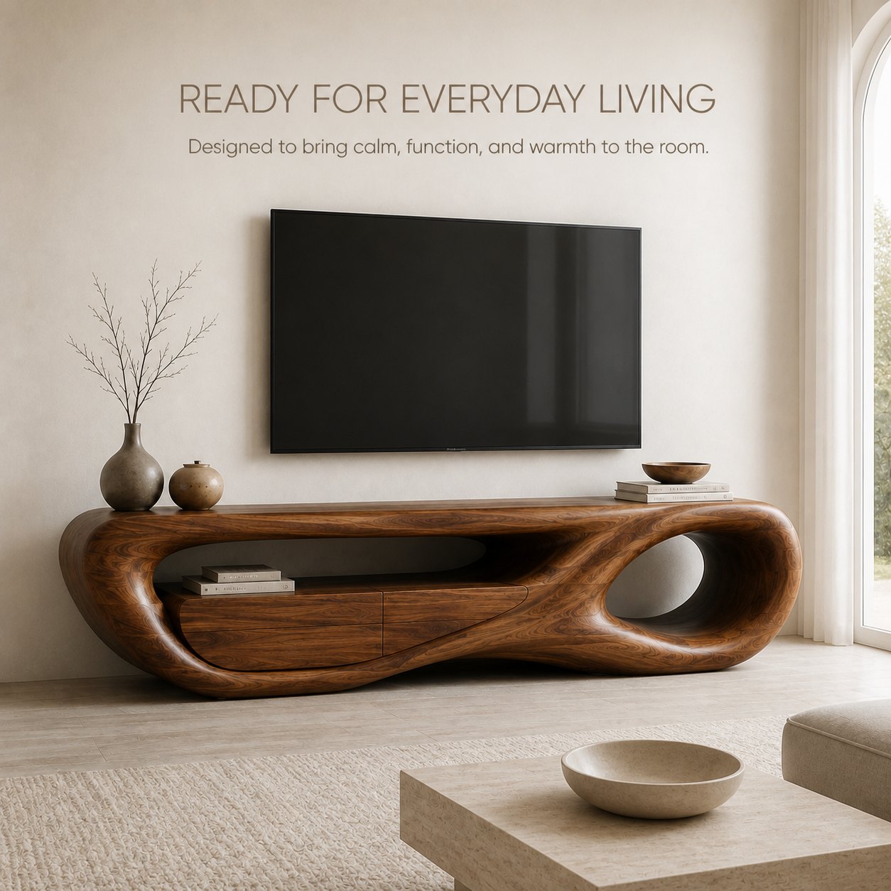 Marlowe Sculptural Solid Wood TV Stand - Design 048 - TV stand detail and styling view 06