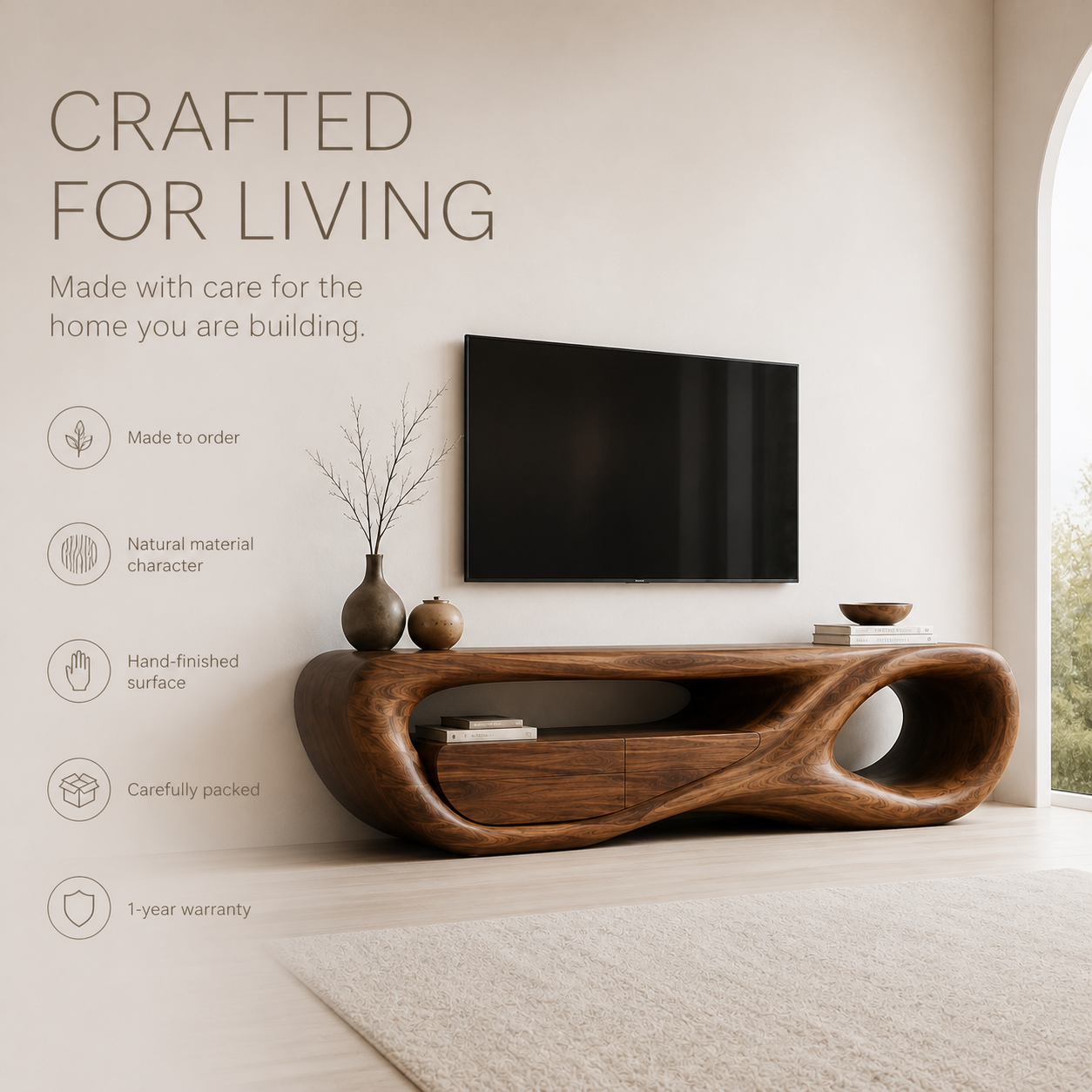 Marlowe Sculptural Solid Wood TV Stand - Design 048 - TV stand detail and styling view 08