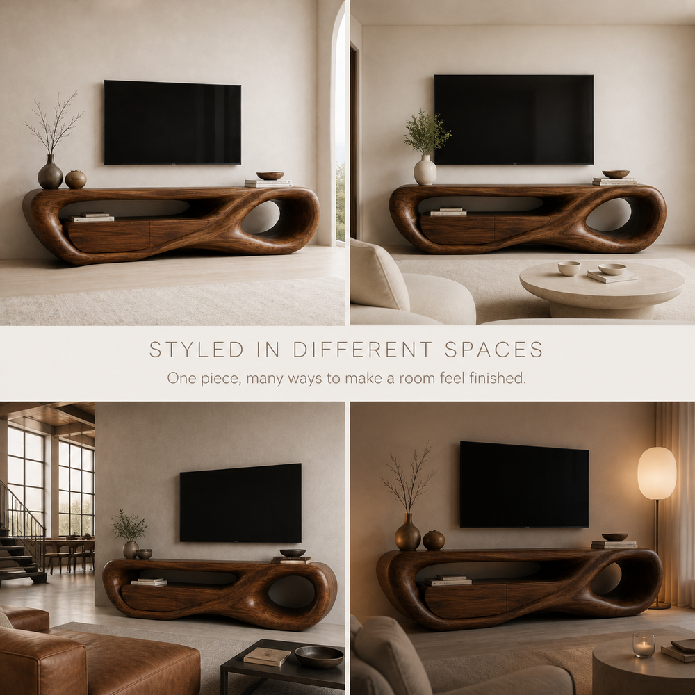 Marlowe Sculptural Solid Wood TV Stand - Design 048 - TV stand detail and styling view 09