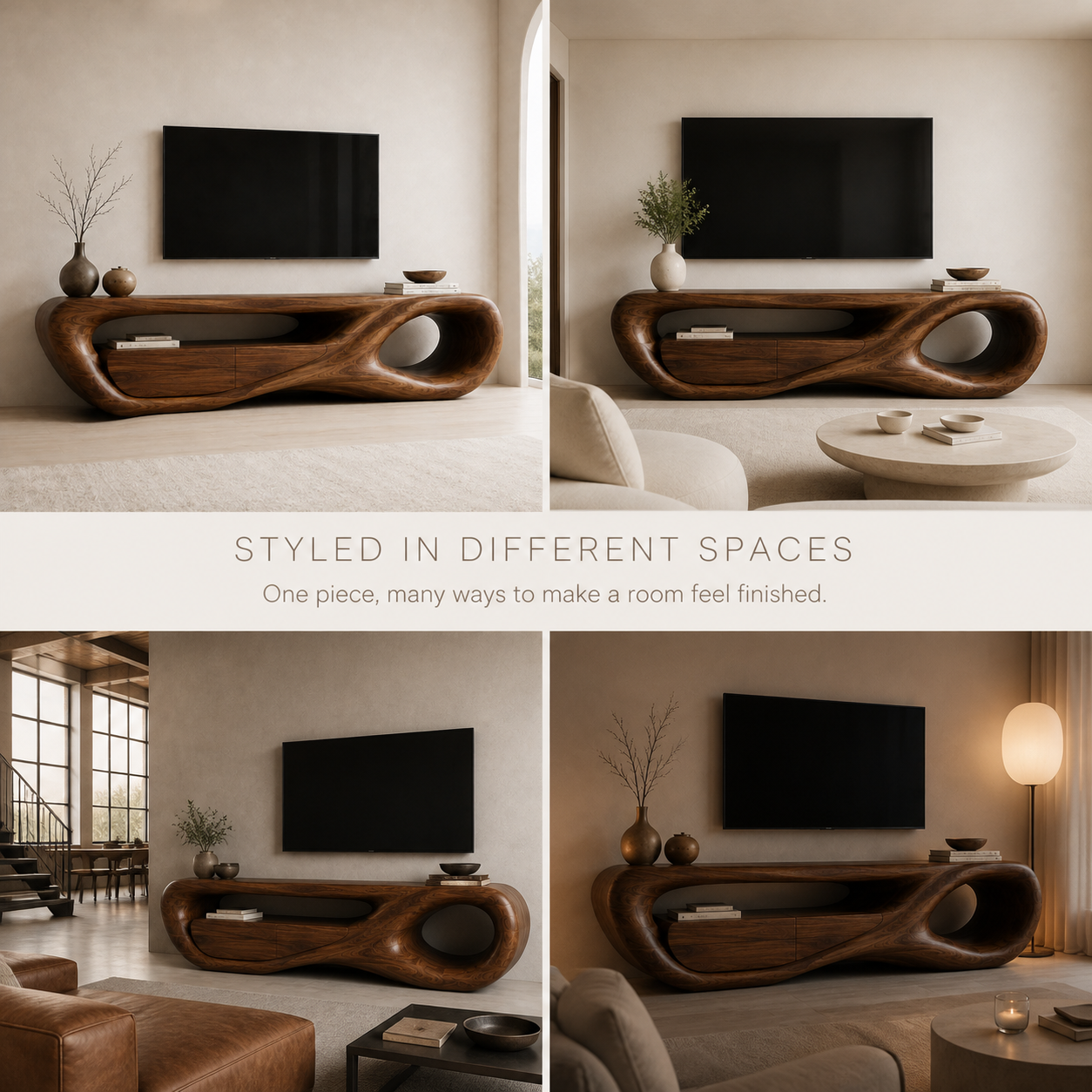 Marlowe Sculptural Solid Wood TV Stand - Design 048 - TV stand detail and styling view 09