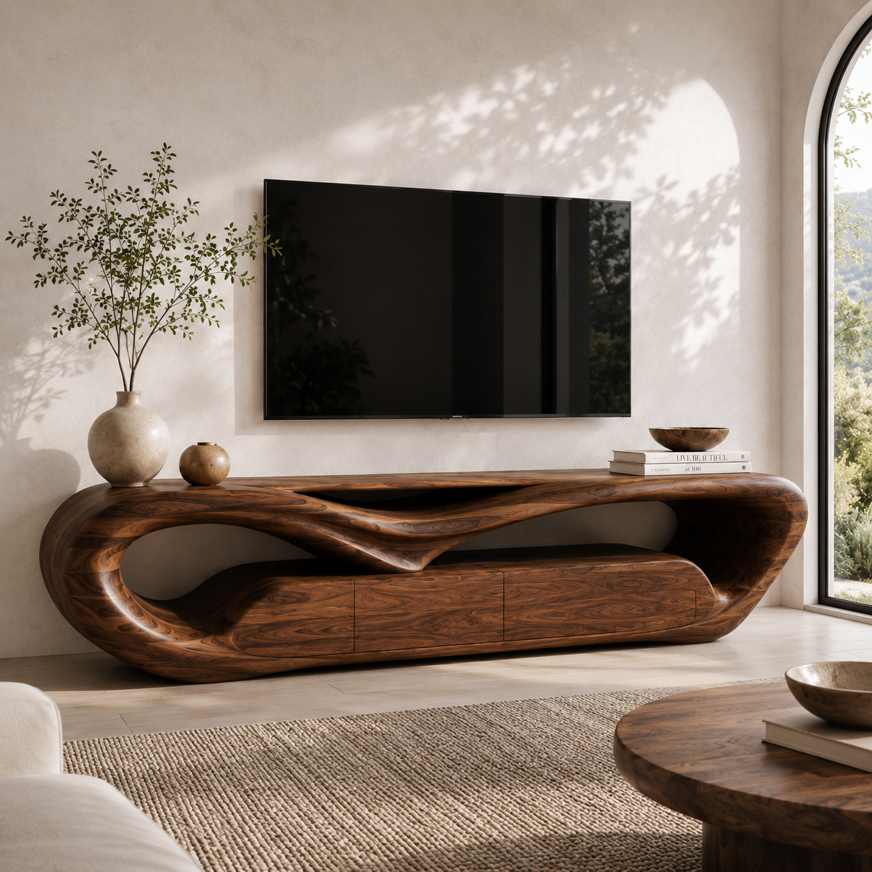 Esme Sculptural Solid Wood TV Stand - Design 049 - premium solid wood TV stand main lifestyle view