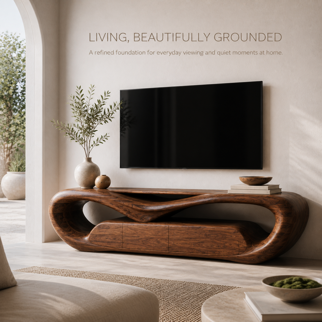 Esme Sculptural Solid Wood TV Stand - Design 049 - TV stand detail and styling view 01