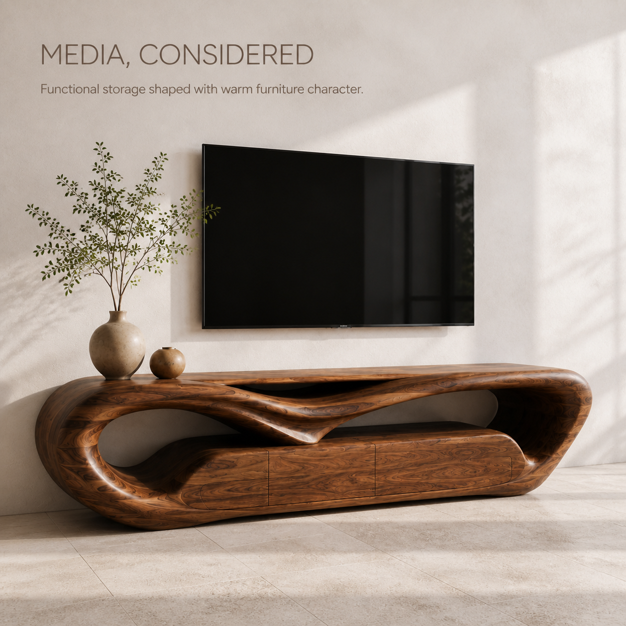 Esme Sculptural Solid Wood TV Stand - Design 049 - TV stand detail and styling view 02