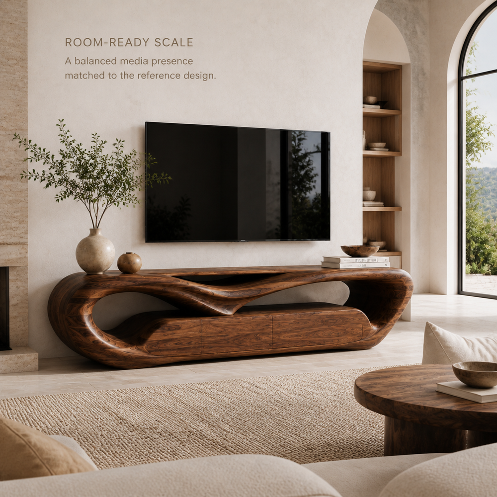 Esme Sculptural Solid Wood TV Stand - Design 049 - TV stand detail and styling view 03