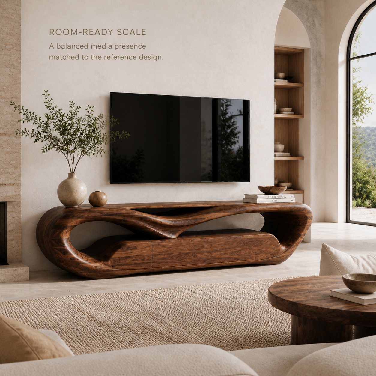 Esme Sculptural Solid Wood TV Stand - Design 049 - TV stand detail and styling view 03