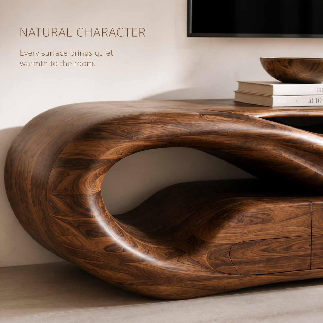 Esme Sculptural Solid Wood TV Stand - Design 049 - TV stand detail and styling view 04