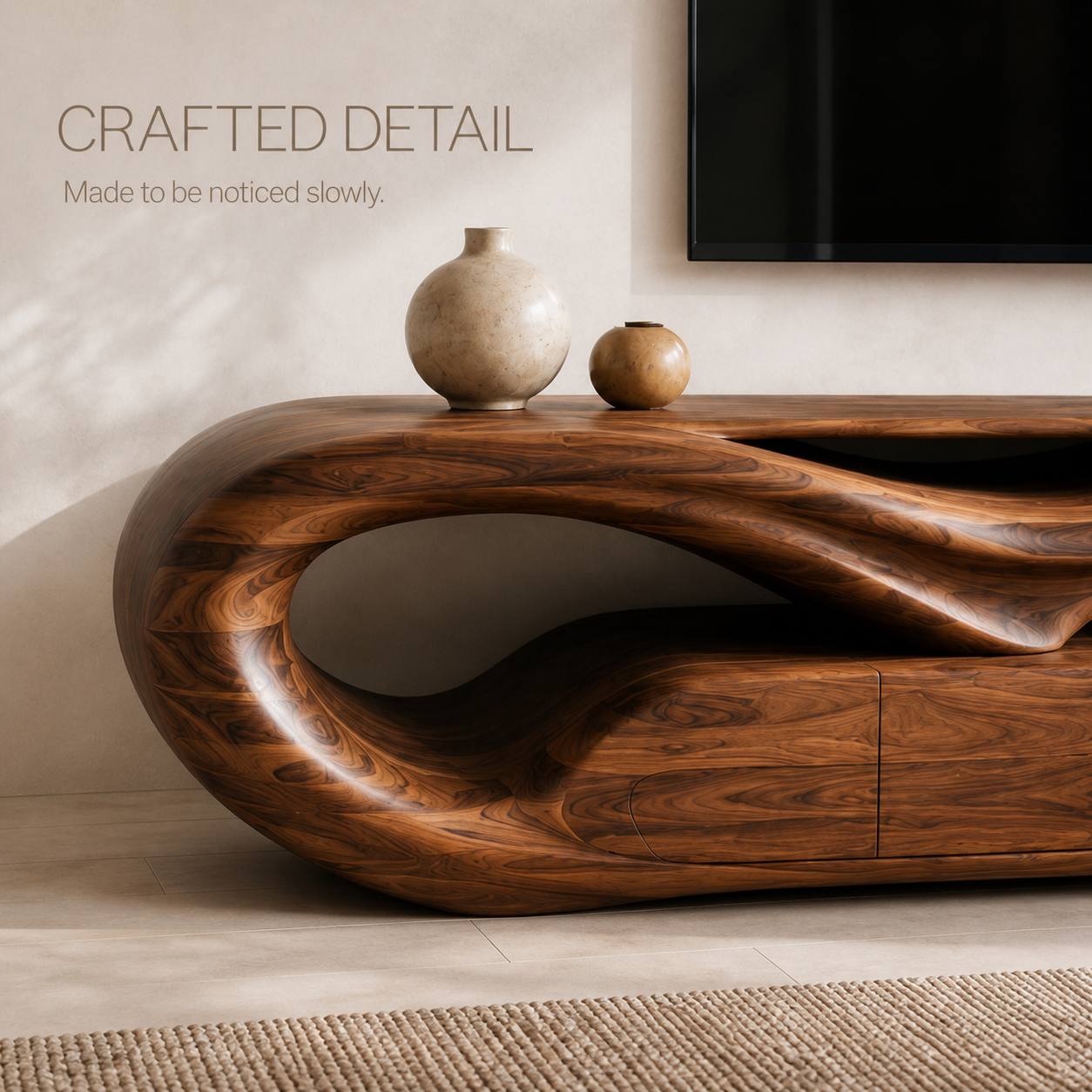 Esme Sculptural Solid Wood TV Stand - Design 049 - TV stand detail and styling view 05