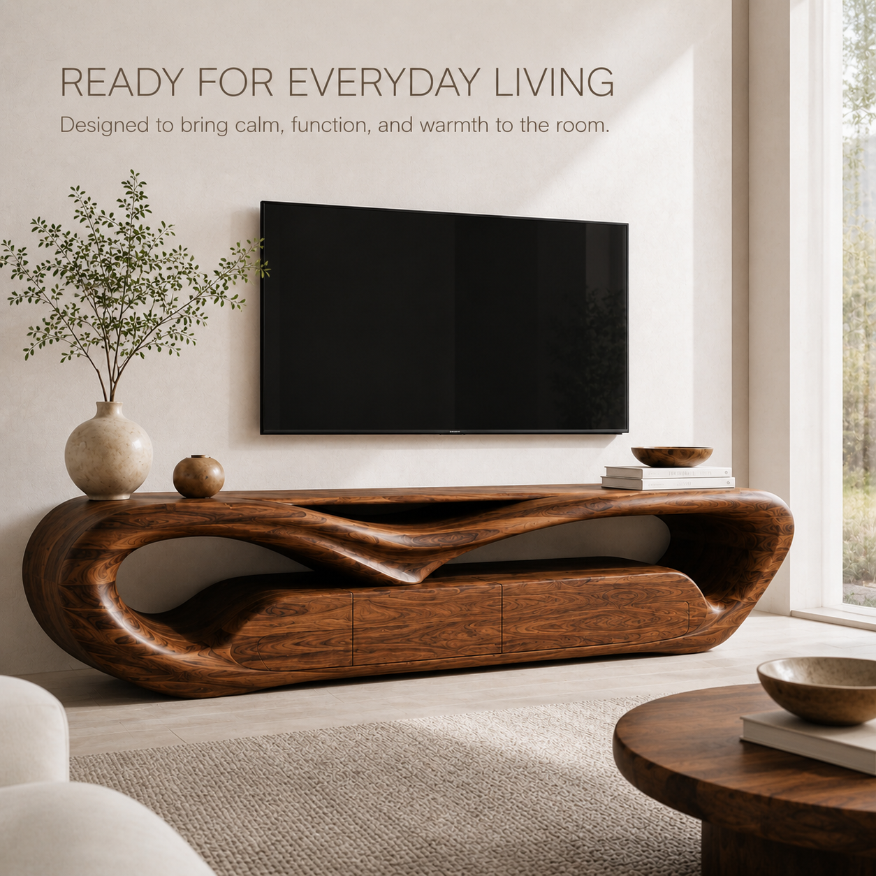 Esme Sculptural Solid Wood TV Stand - Design 049 - TV stand detail and styling view 06