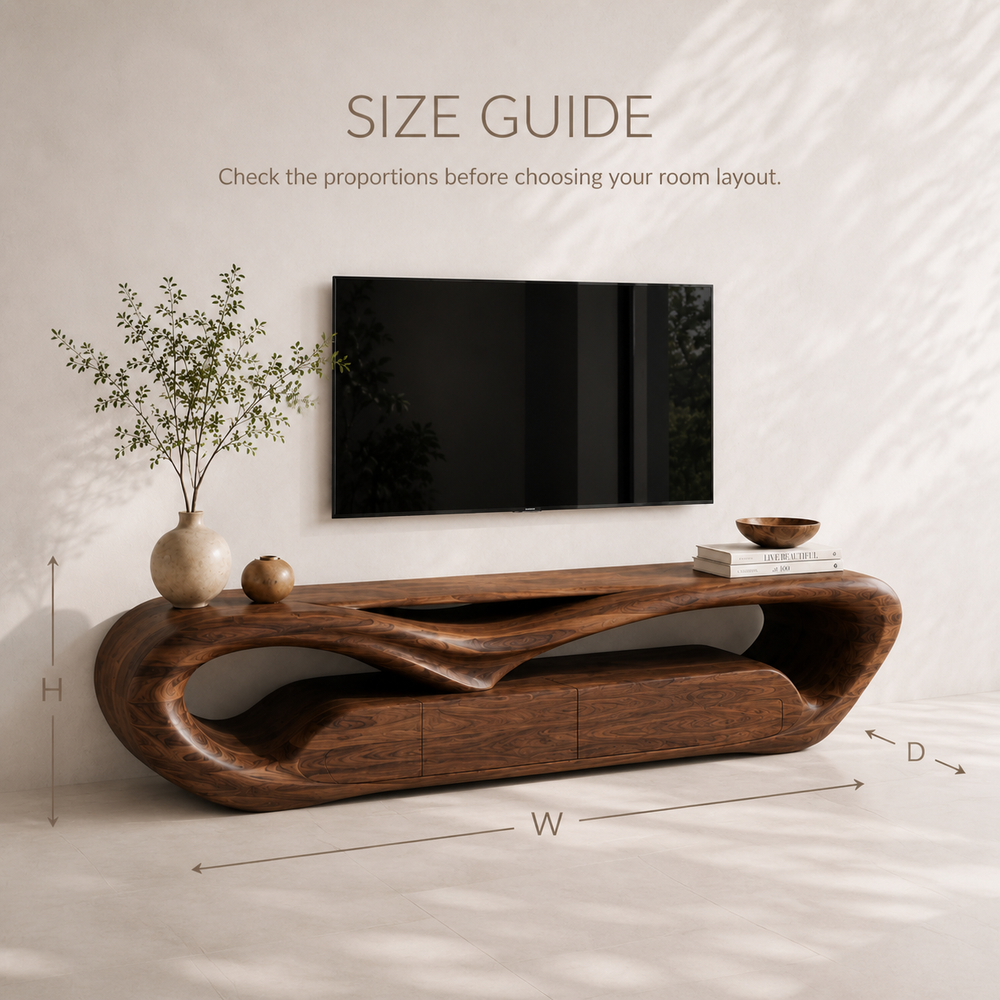 Esme Sculptural Solid Wood TV Stand - Design 049 - TV stand detail and styling view 07